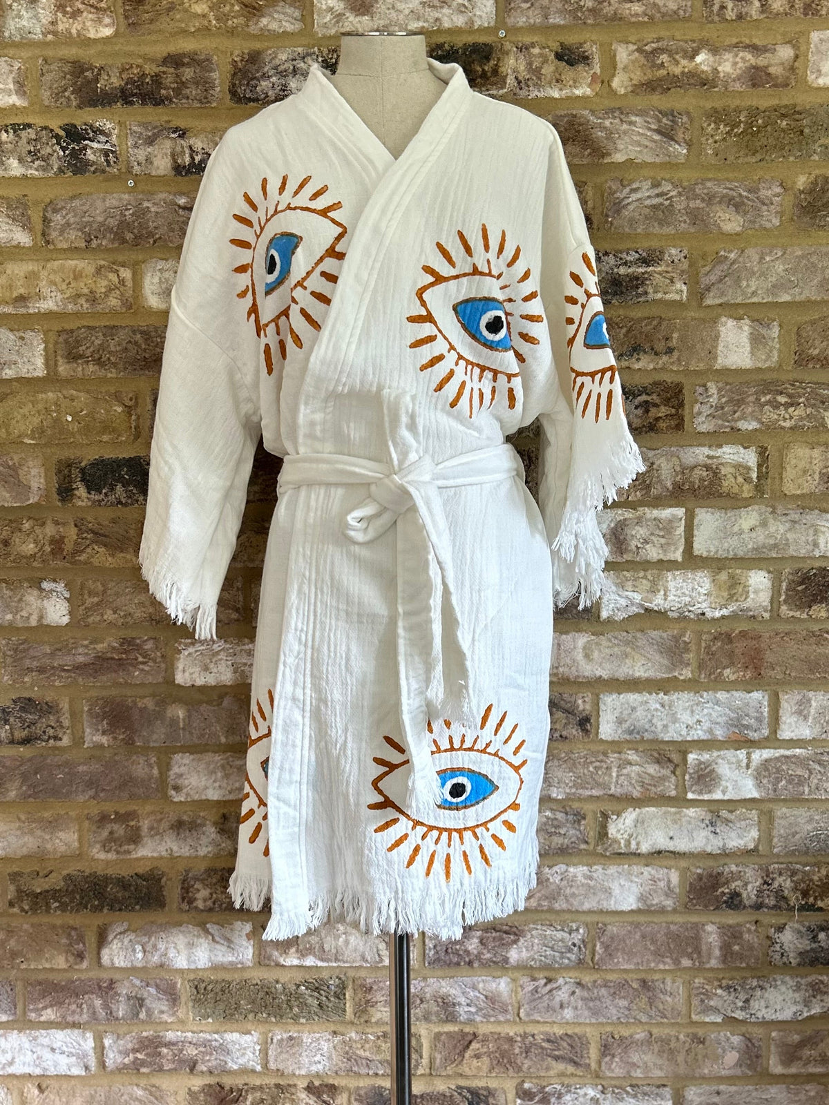 Organic Kimono in White with Orange &amp; Blue Eye: Short