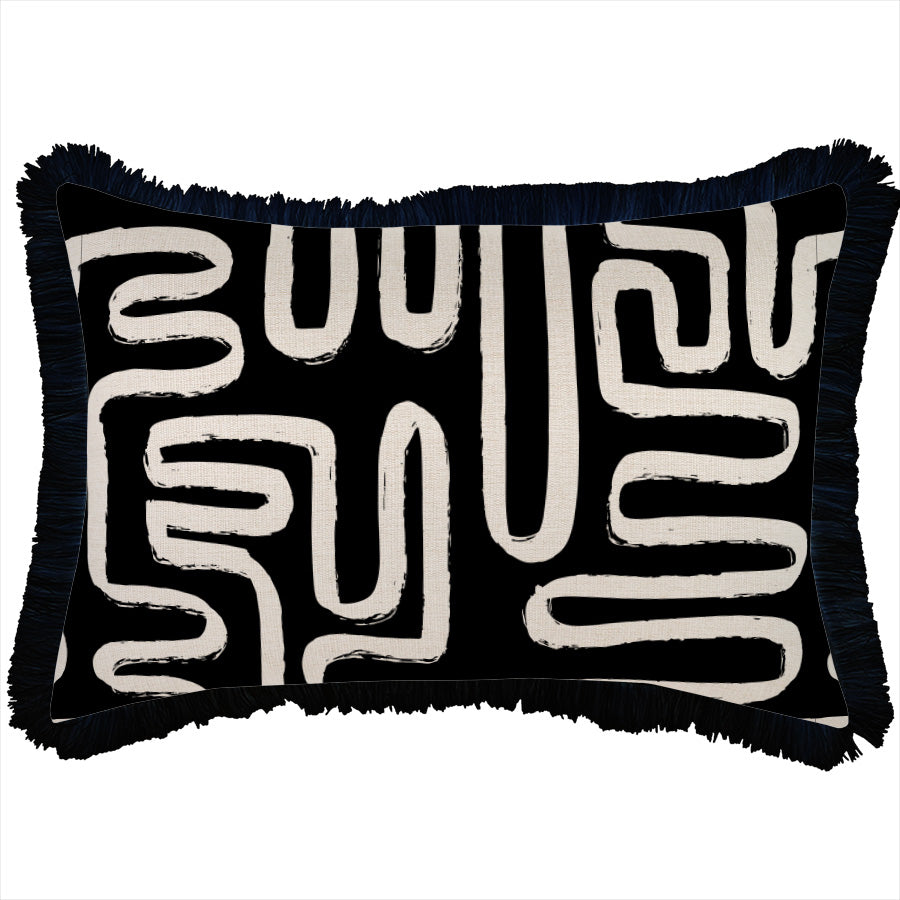 Cushion Cover-Coastal Fringe Black-Maze Black-35cm x 50cm-0
