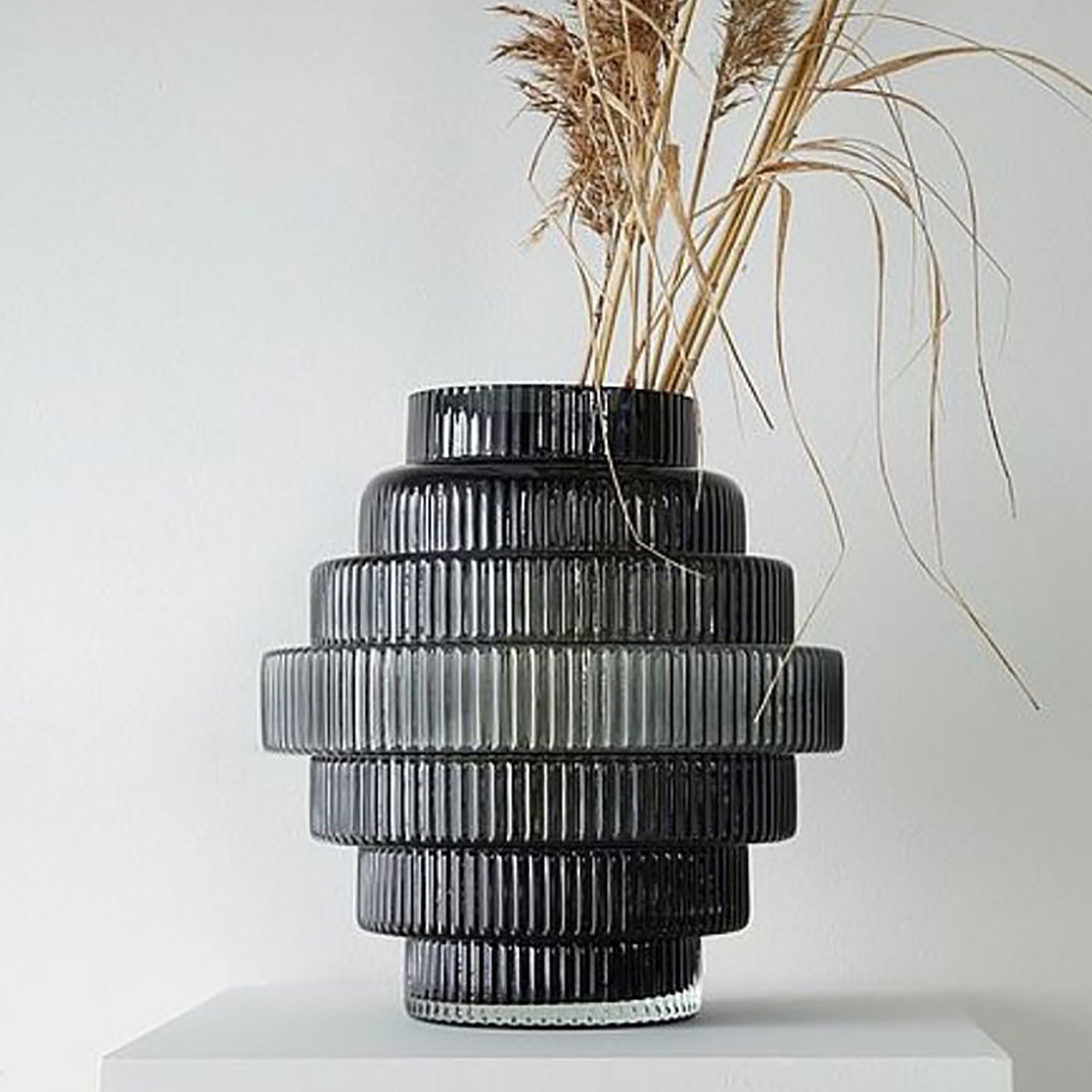 Ribbed Layered Wide Glass Vase-Large-Grey-2