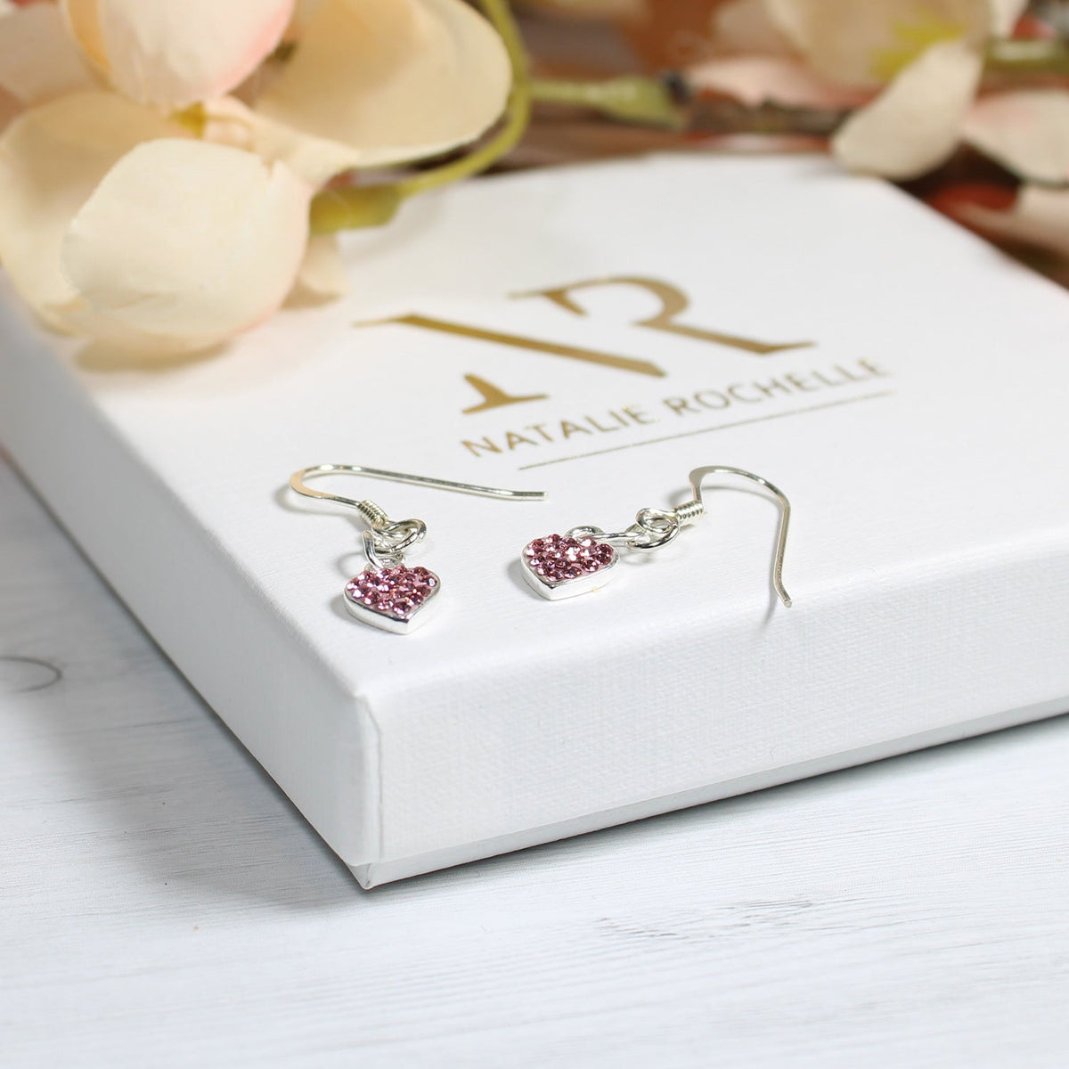 Sterling Silver Pink CZ Heart Hook Earrings