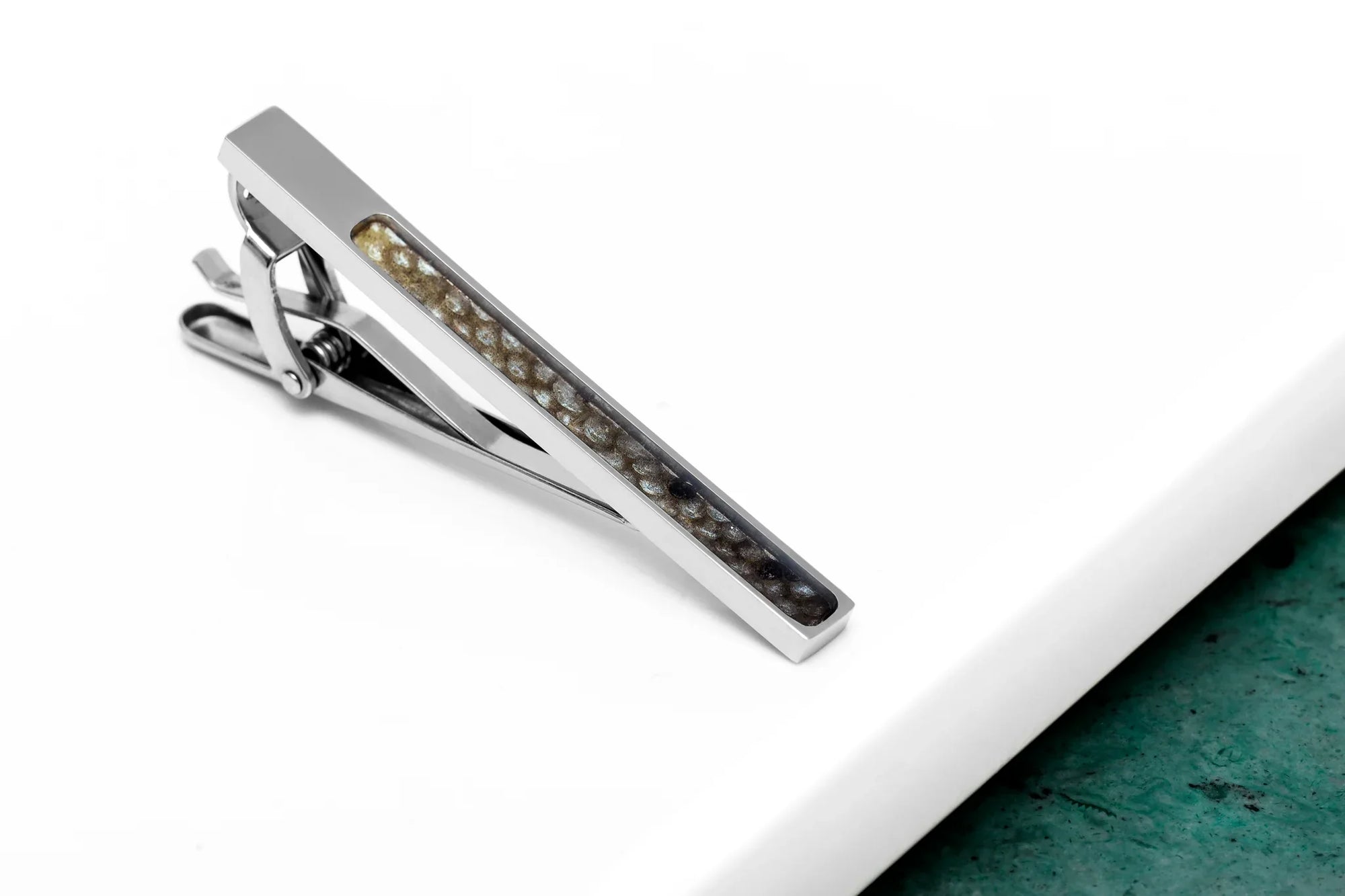 Fishing Tie Clip in Black Spotted Fish Leather