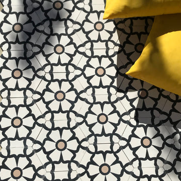 Luxury black cement floor tile with elegant white floral pattern, premium hexagon design for kitchen and bathroom by Maria Starling Design at brixbailey.com