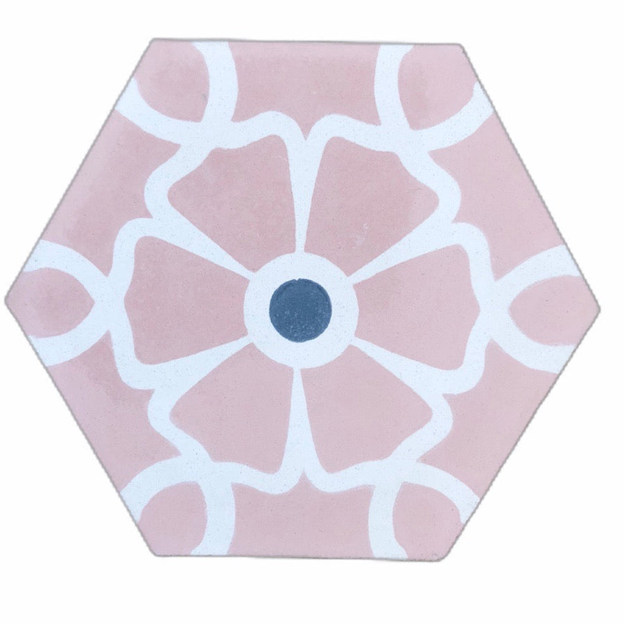 Luxury Ella pink hexagon cement tiles, premium handcrafted floral design, stylish bathroom and kitchen tiles, authentic Maria Starling collection by Maria Starling Design at brixbailey.com