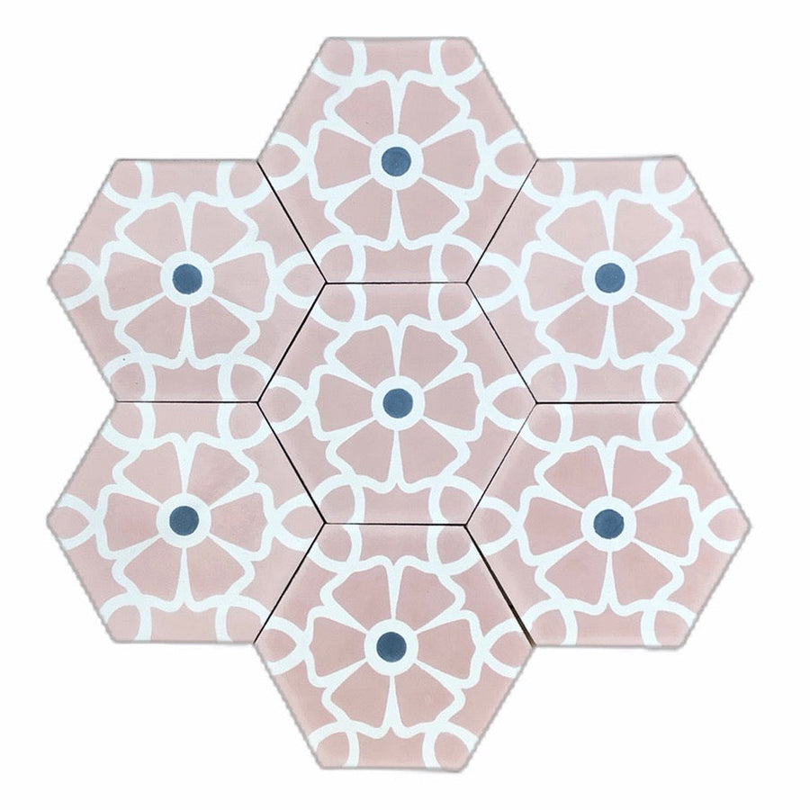 Luxury black cement floor tile with elegant white floral pattern, premium hexagon kitchen and bathroom tiles, best-selling UK delivery by Maria Starling Design at brixbailey.com