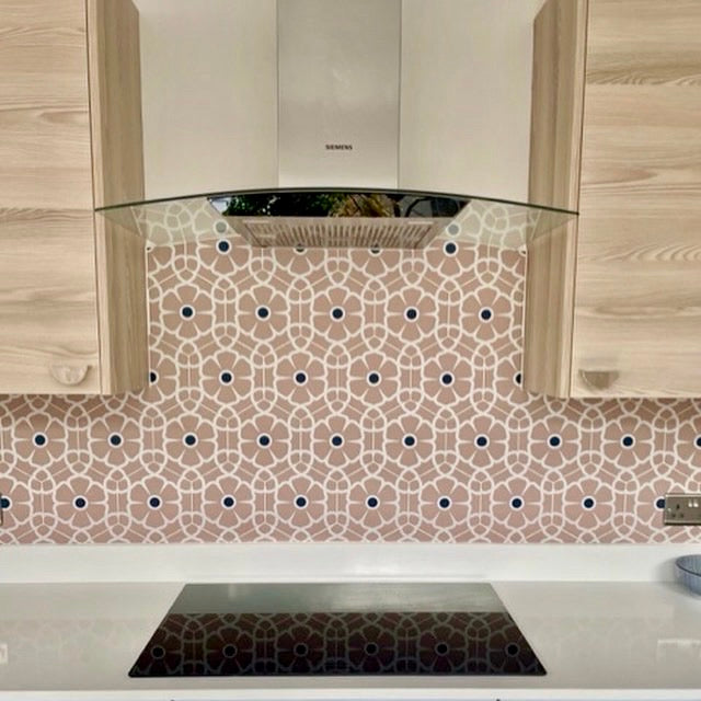 Luxury Ella porcelain floor tiles, premium anti-slip hexagonal tiles with floral pattern, pink indoor-outdoor tiles by Maria Starling Design at brixbailey.com