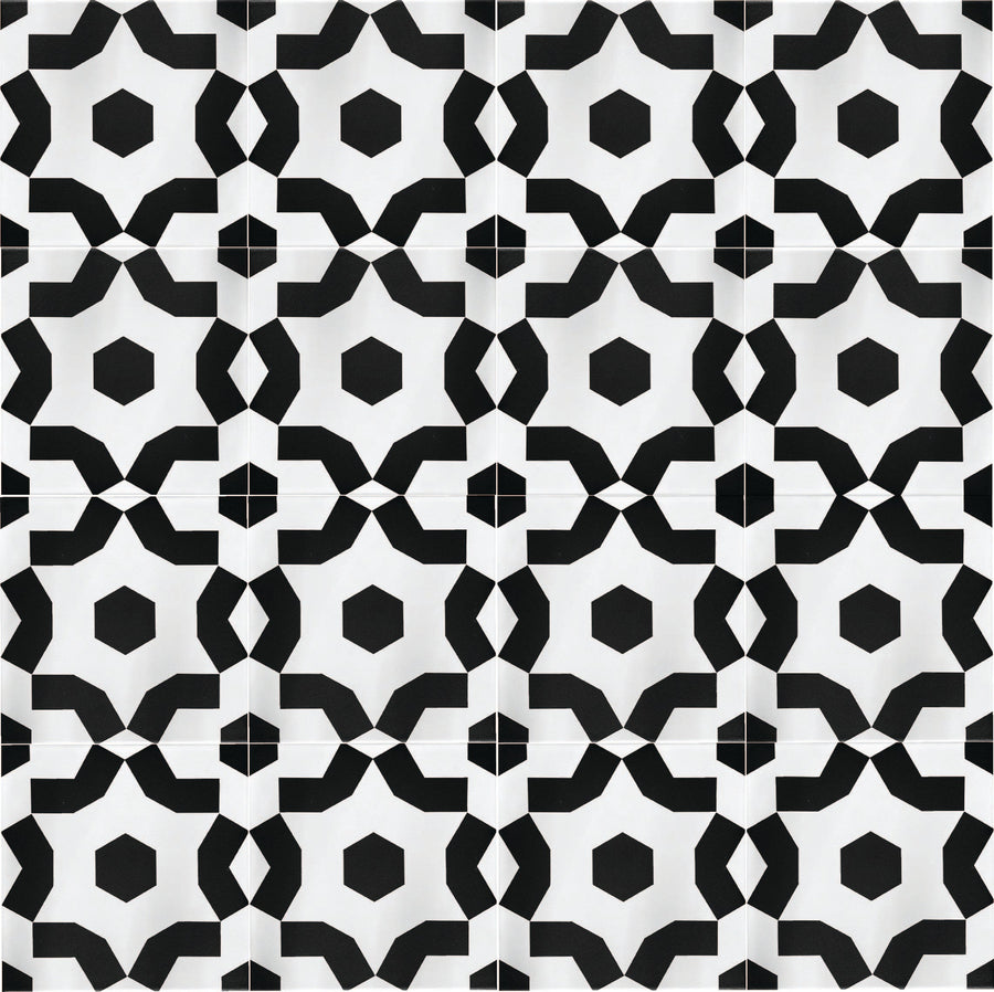 FAIZA black and white porcelain floor and wall tiles, luxury modern Moroccan pattern, premium anti-slip outdoor and indoor tiles by Maria Starling Design at brixbailey.com