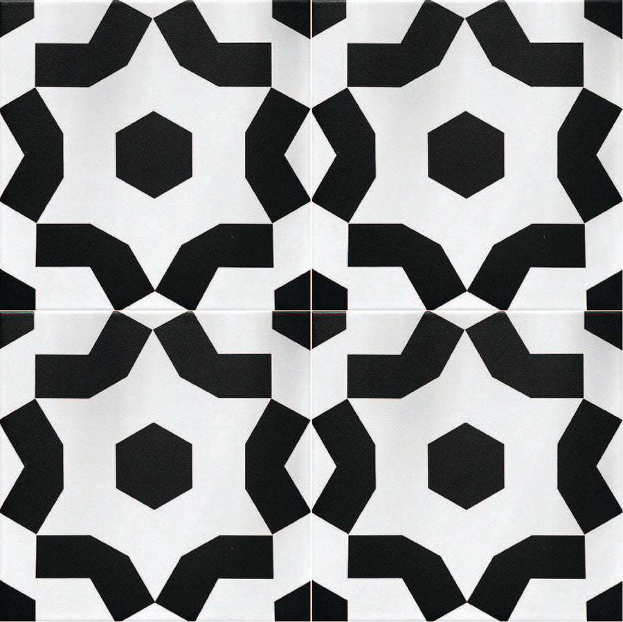 FAIZA black and white porcelain floor and wall tiles, luxury modern Moroccan pattern, premium anti-slip outdoor and indoor tiles by Maria Starling Design at brixbailey.com