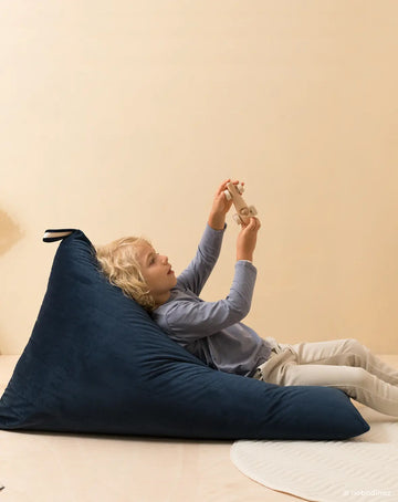 Luxury Essaouira velvet beanbag, premium recycled eco-velvet, stylish night blue, handcrafted, best-selling kids seating, removable washable cover by Ella James at brixbailey.com