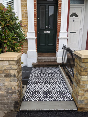 Luxury Fleur porcelain floor and wall tiles, black and white hex pattern, premium anti-slip, indoor outdoor use by Maria Starling Design at brixbailey.com