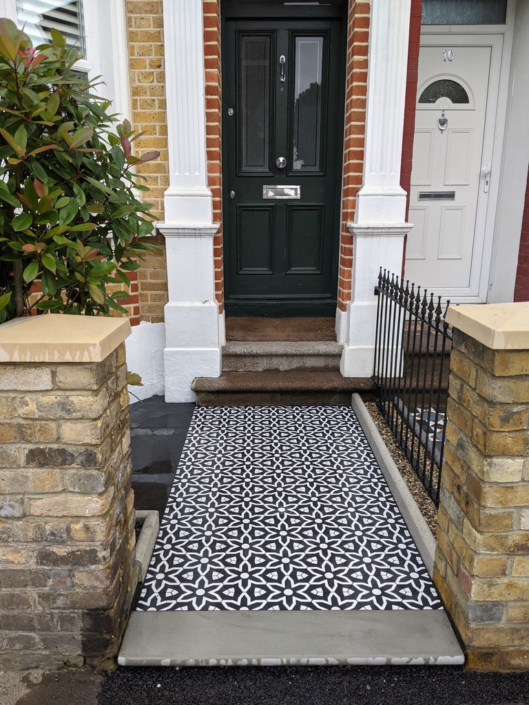 Luxury Fleur porcelain floor and wall tiles, black and white hex pattern, premium anti-slip, indoor outdoor use by Maria Starling Design at brixbailey.com