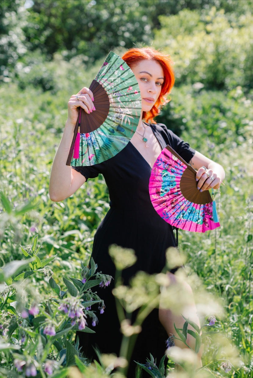 Hot pink 'Fuchsia' silk folding hand fan with butterfly and mushroom painted artwork