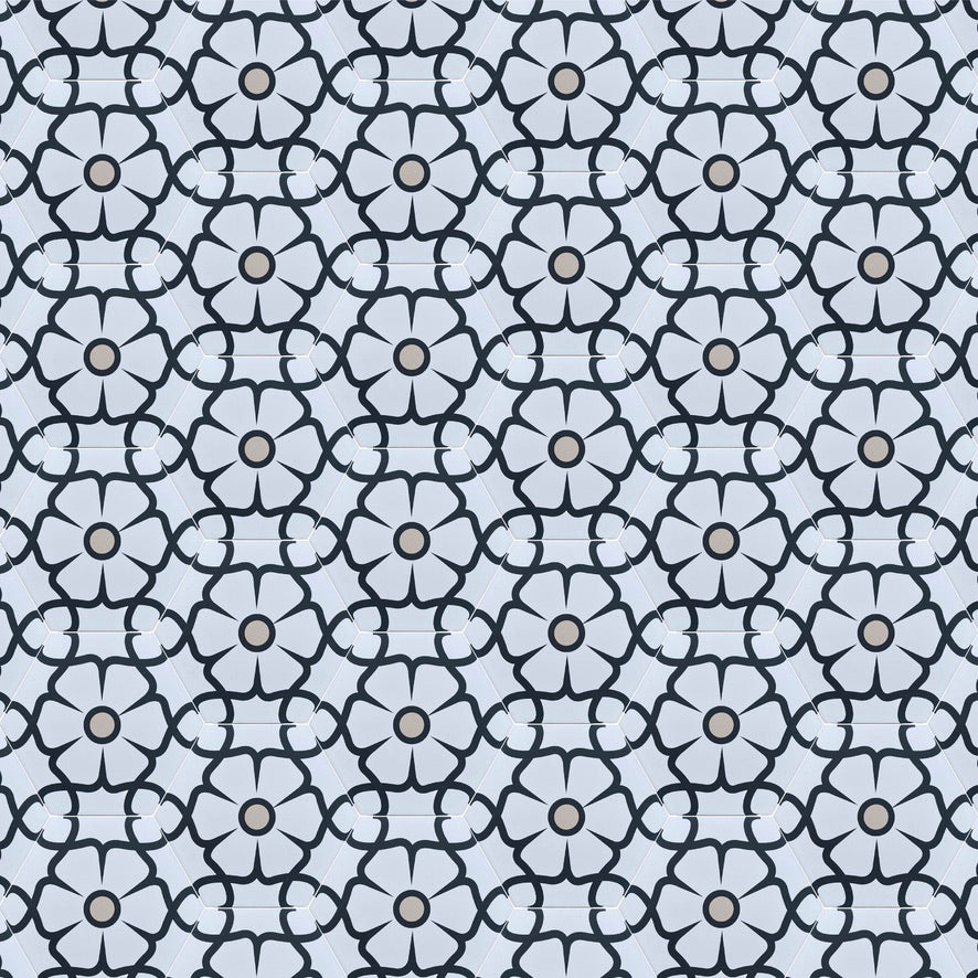 Premium ELLA porcelain hexagon tiles, black white pink floral motif, anti-slip outdoor indoor, no sealing required, 18.7x21.5x0.8cm by Maria Starling Design at brixbailey.com