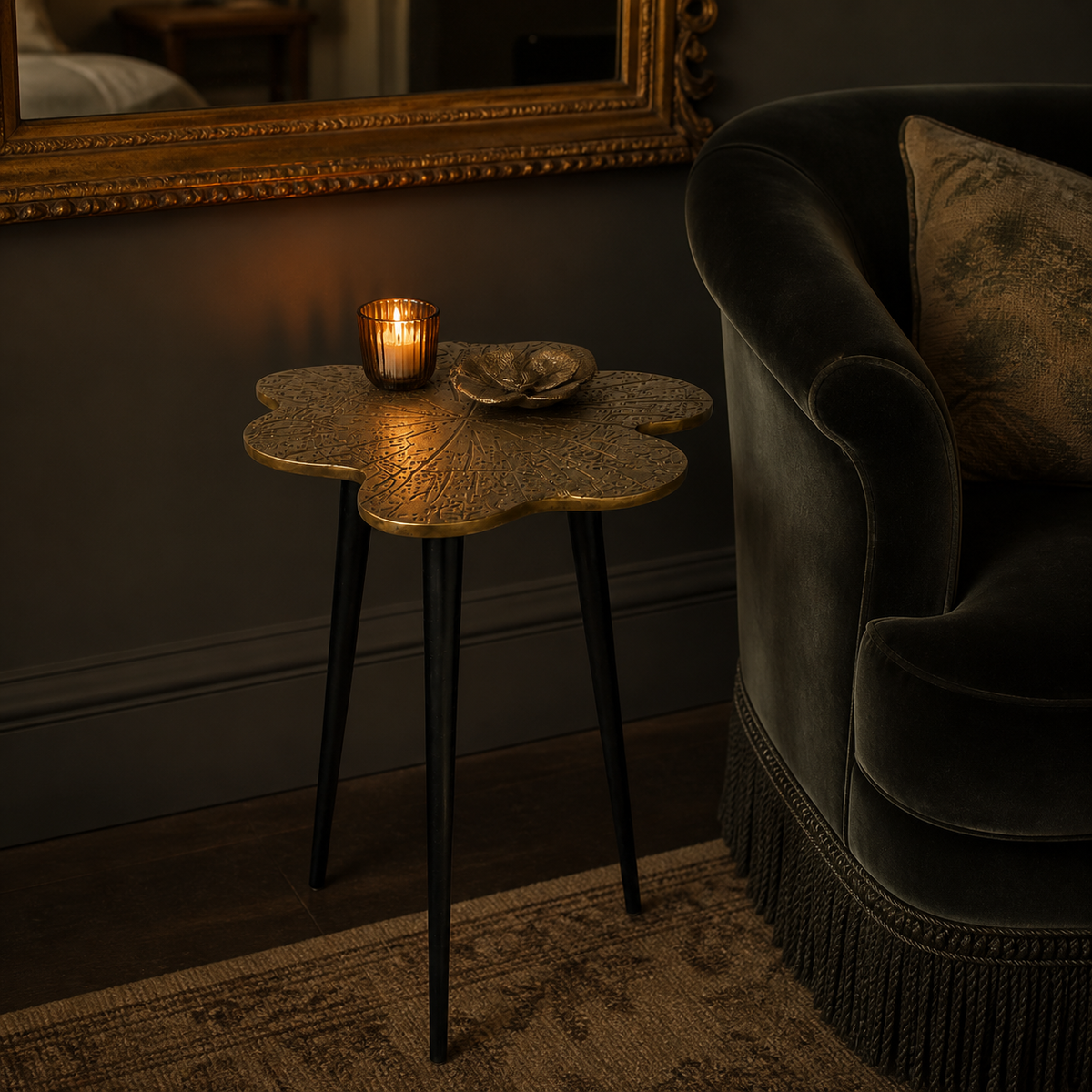 Brass Clover Side Table | Etched Top &amp; Black Iron Legs