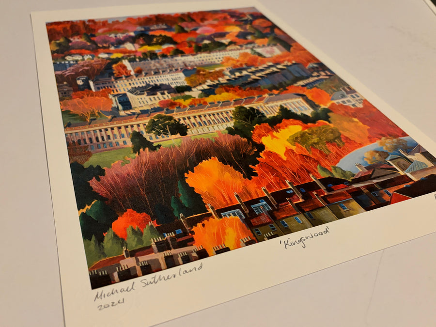 Luxury Kingswood Bath landscape giclee print, premium autumnal view of Royal Crescent and Georgian architecture, hand-signed A2 art reproduction by Michael Sutherland Art at brixbailey.com