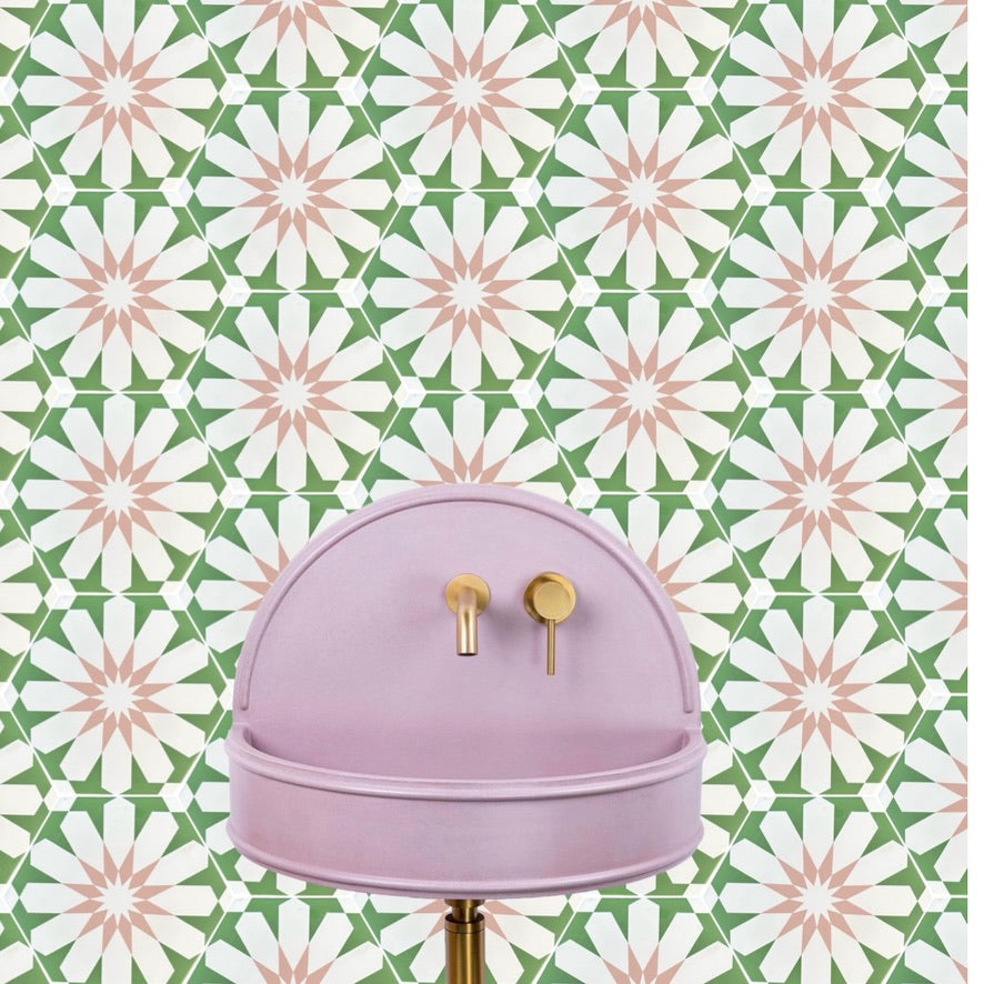 Luxury Luz green and pink porcelain tile, premium hex arabesque pattern, slip-resistant indoor outdoor flooring by Maria Starling Design at brixbailey.com