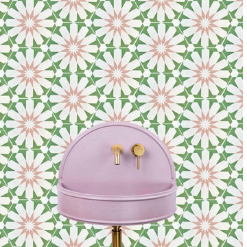 Luxury Luz green and pink porcelain tile, premium hex arabesque pattern, slip-resistant indoor outdoor flooring by Maria Starling Design at brixbailey.com