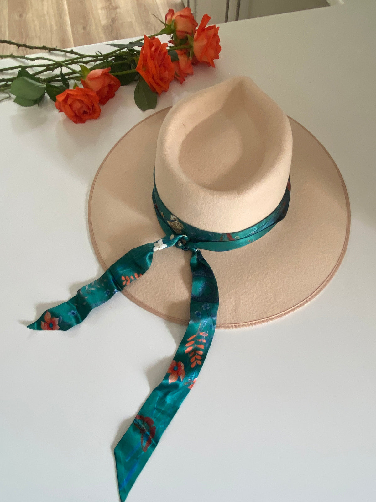 Teal Silk satin 'Morpho' Ultra Skinny silk scarf with butterflies and flowers