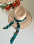 Teal Silk satin 'Morpho' Ultra Skinny silk scarf with butterflies and flowers