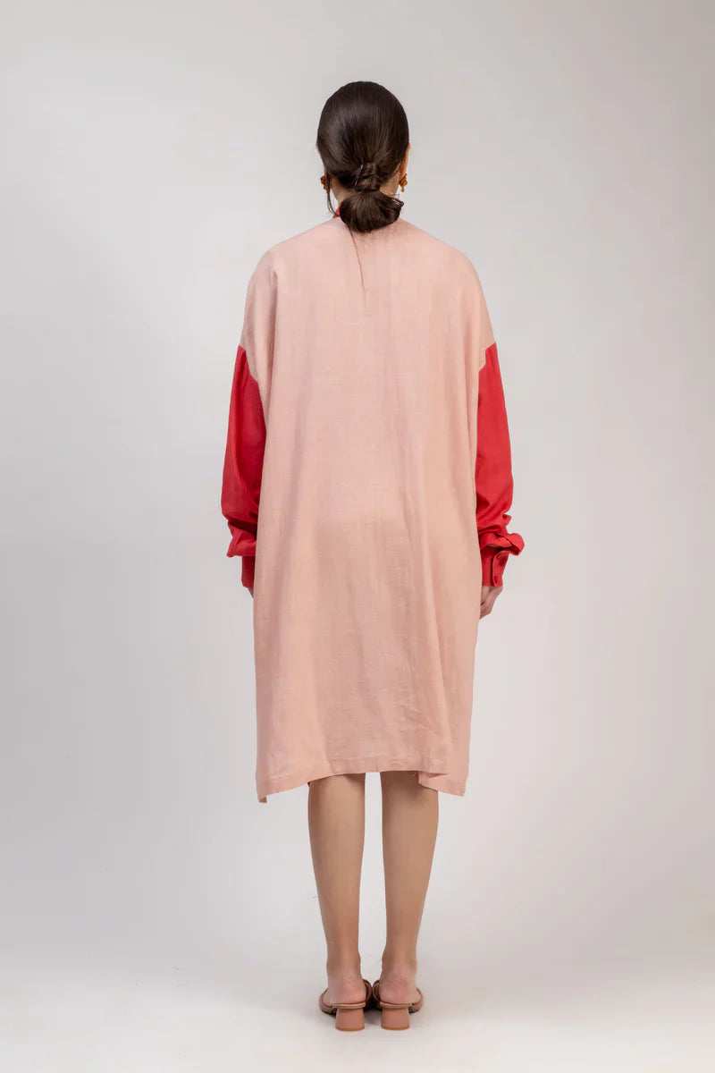 Luxury oversized pleated tunic, upcycled linen in dark pink and light pink, handcrafted with unique embroidery or patch details by Bethikal at brixbailey.com