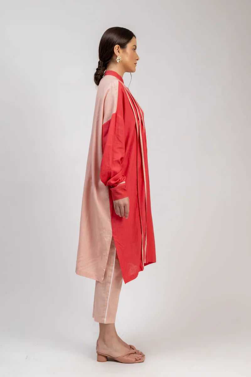 Luxury oversized pleated tunic, upcycled linen in dark pink and light pink, handcrafted with unique embroidery or patch, comfortable fit, 42 length by Bethikal at brixbailey.com