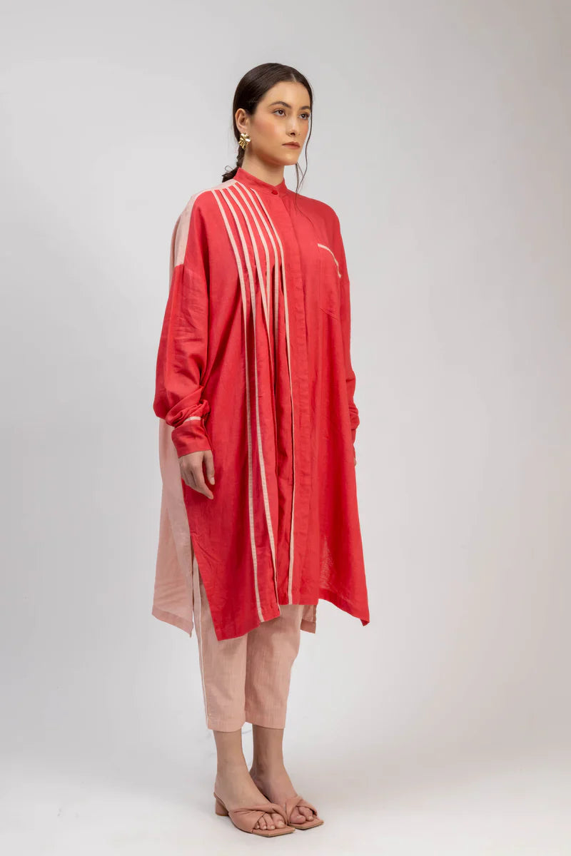 Luxury oversized pleated tunic in dark pink and light pink, upcycled linen, comfortable fit, handcrafted with unique embroidery or patch details by Bethikal at brixbailey.com