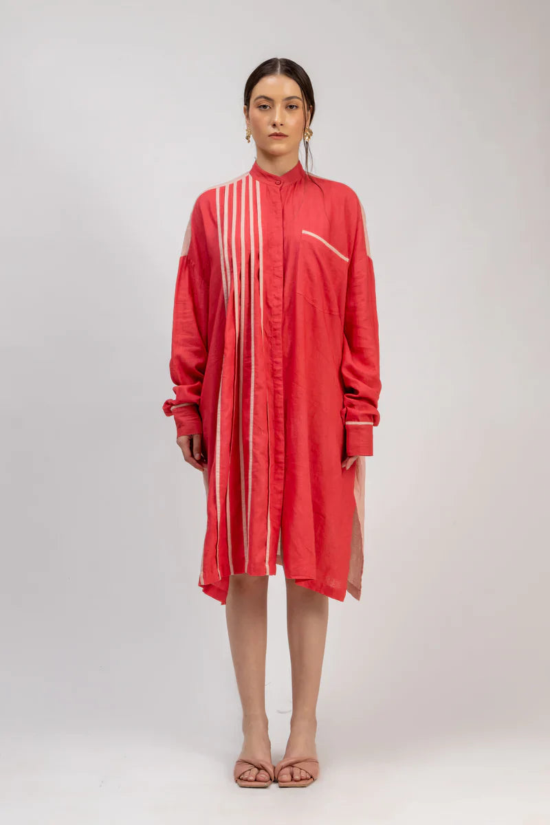 Luxury oversized pleated tunic in dark pink and light pink, upcycled linen, comfortable fit, handcrafted with unique embroidery or patch by Bethikal at brixbailey.com