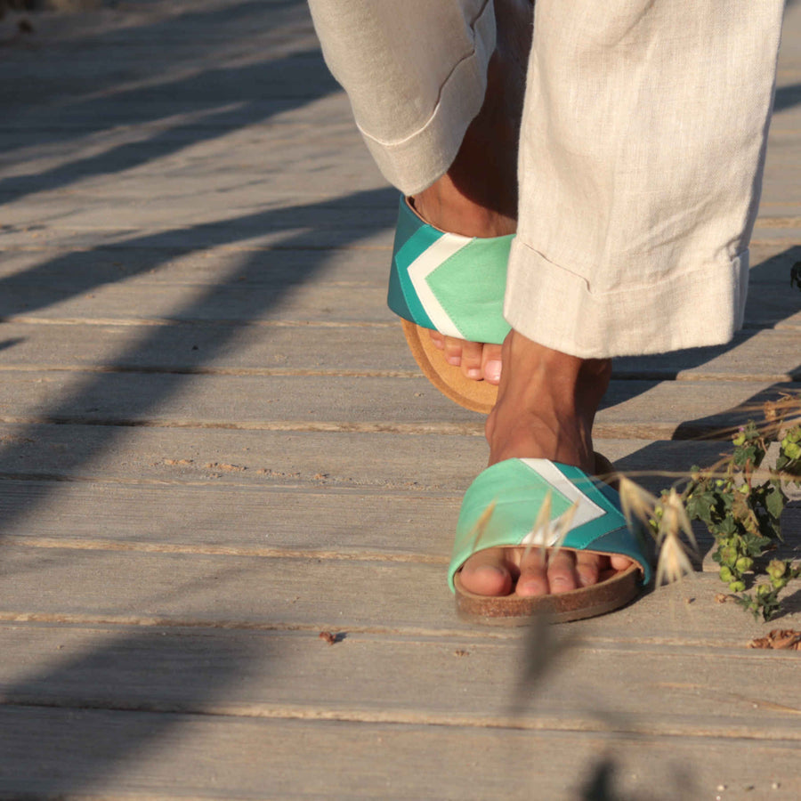 Premium vegan sandals in mint, white, turquoise, petrol green, soft straps, anatomical footbed, non-slip rubber sole, eco-friendly by Fünve at brixbailey.com