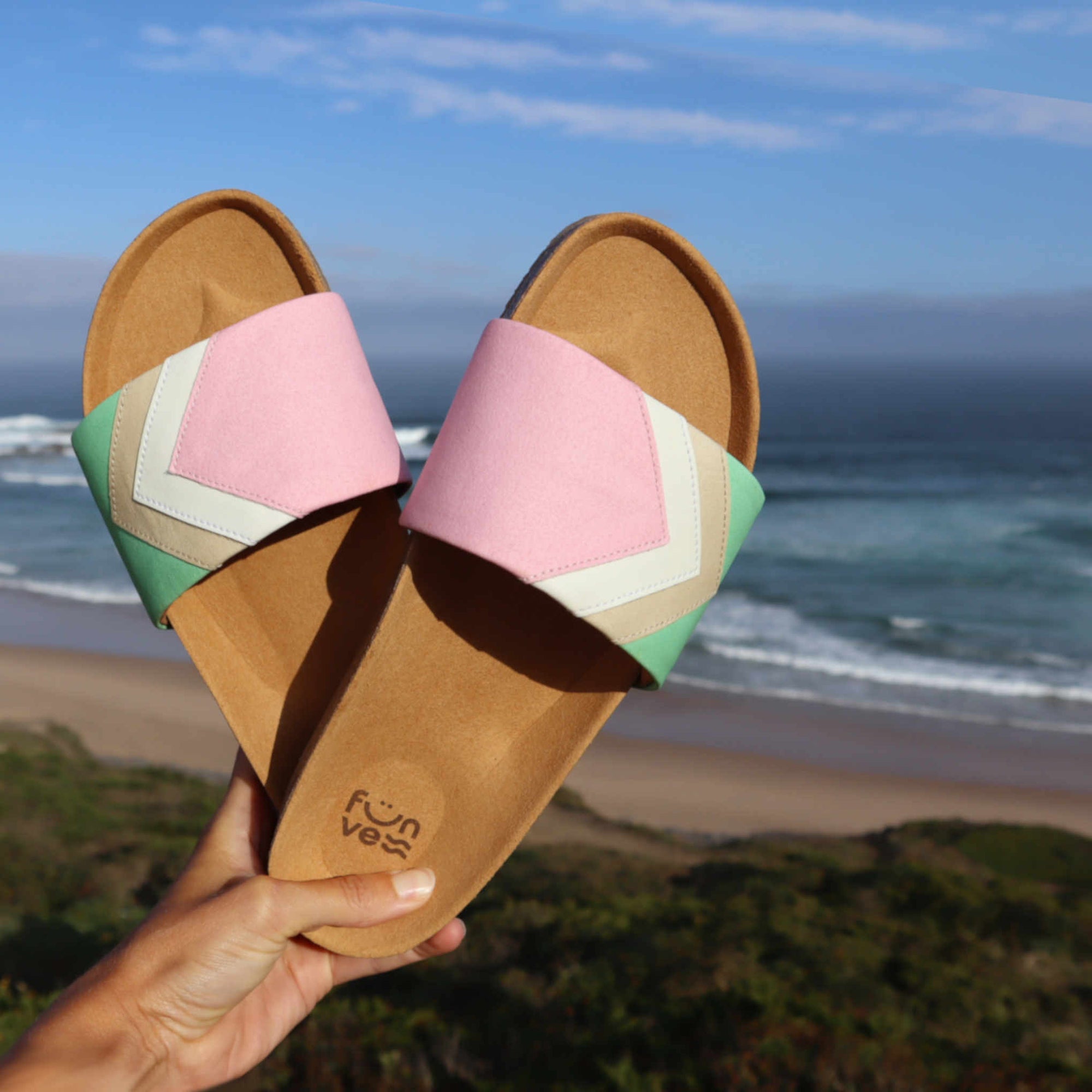 Premium vegan sandals in strawberry pink, white, nude, mint - fair fashion, PETA certified, ergonomic footbed, slip-resistant sole by Fünve at brixbailey.com