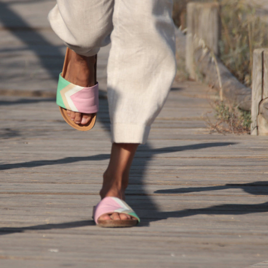 Premium vegan sandals in strawberry pink, white, nude, mint - ergonomic footbed, slip-resistant sole, fair European fashion by Fünve at brixbailey.com