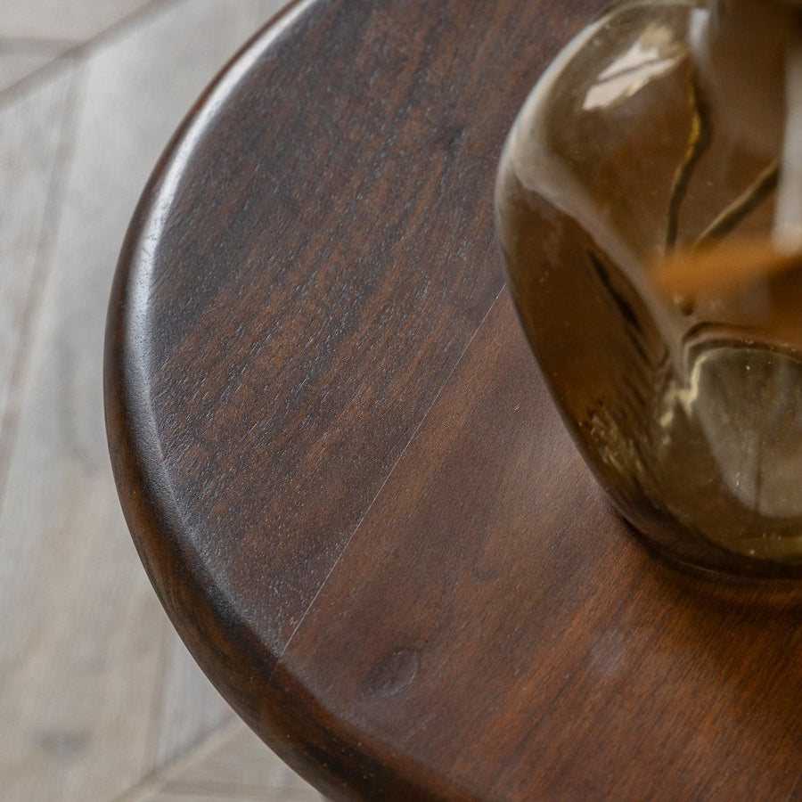 Luxury sculptural mango wood side table, retro dark wood finish, stylish statement piece by Ella James at brixbailey.com
