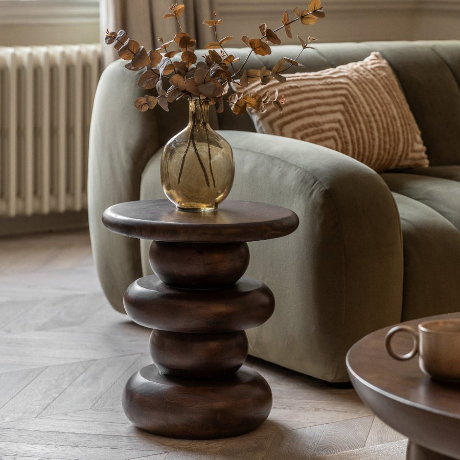 Luxury sculptural mango wood side table, retro dark wood finish, stylish home decor by Ella James at brixbailey.com