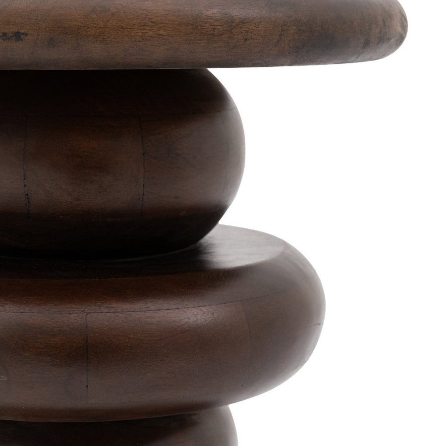 Luxury sculptural mango wood side table, retro dark wood finish, stylish home decor by Ella James at brixbailey.com