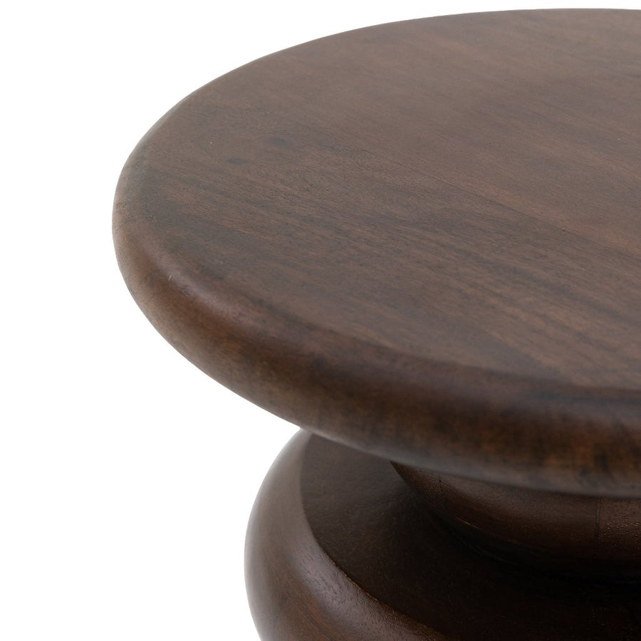 Luxury sculptural mango wood side table, retro dark wood finish, stylish home decor accent by Ella James at brixbailey.com