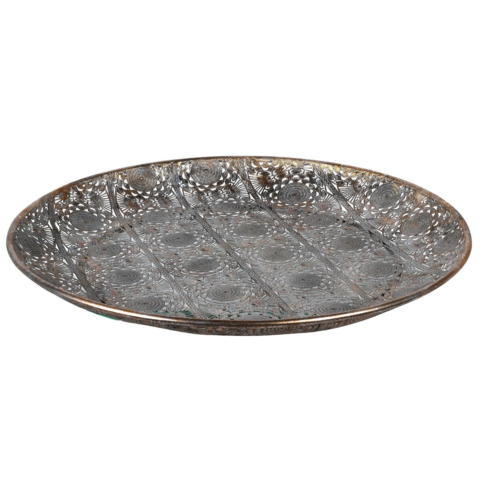 Luxury round filigree brass tray, intricate antique patina platter, stylish serving or display tray by Ella James at brixbailey.com