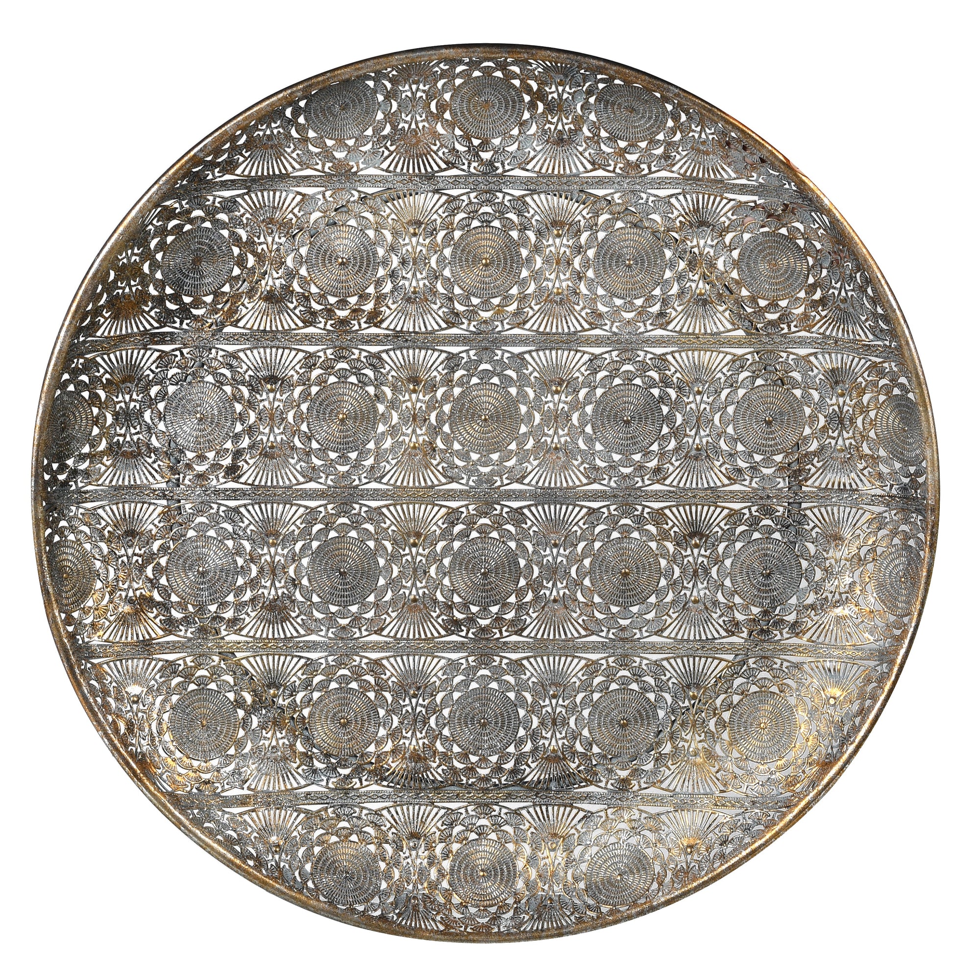 Premium round filigree platter tray, large brass serving tray with intricate antique patina by Ella James at brixbailey.com