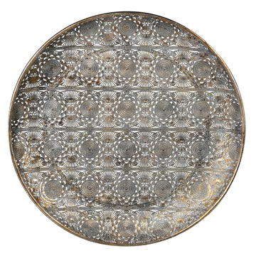 Premium round filigree platter tray, large brass serving tray with intricate antique patina by Ella James at brixbailey.com