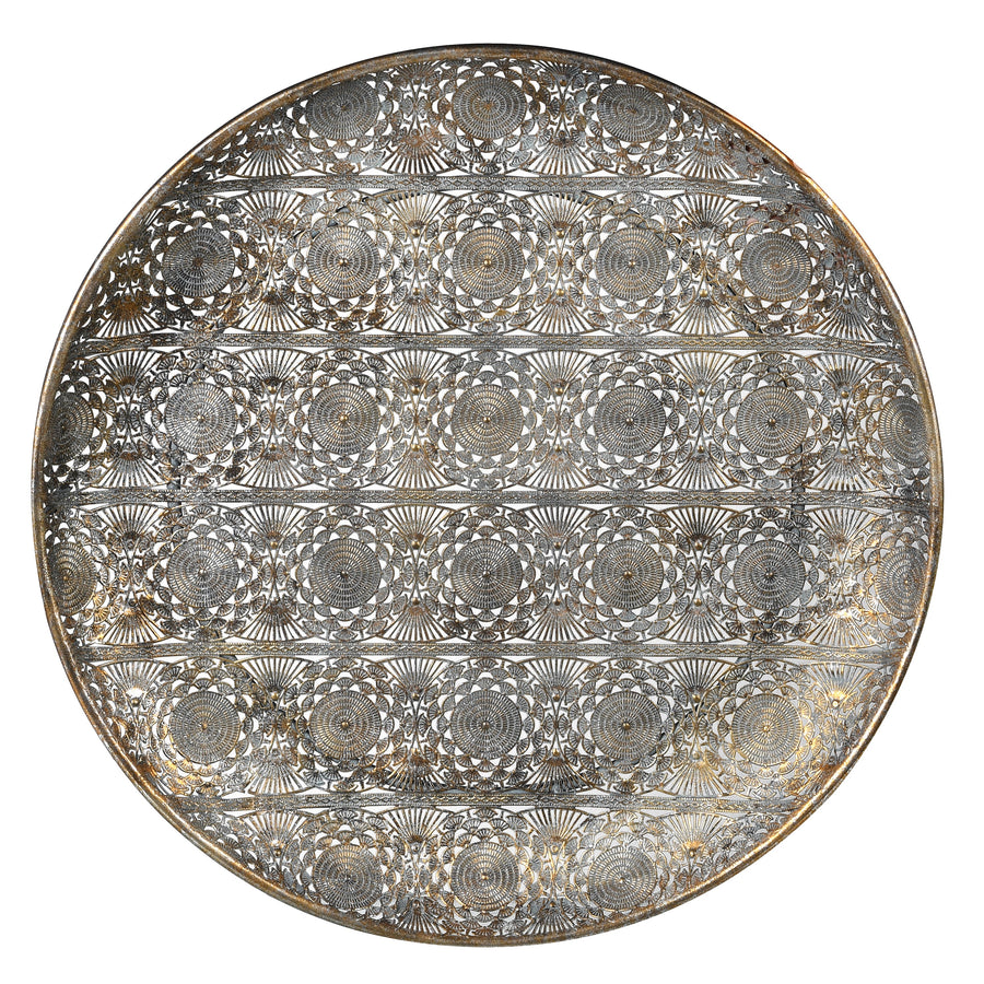 Premium round filigree platter tray, large brass serving tray with intricate antique patina by Ella James at brixbailey.com