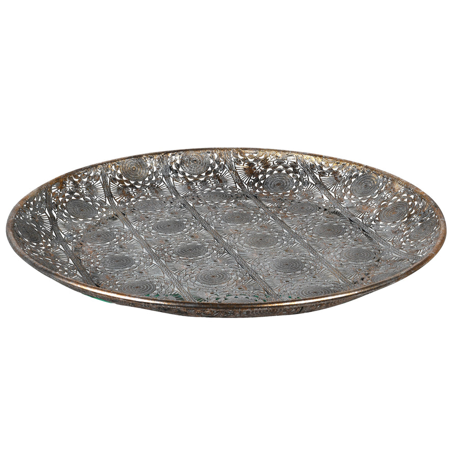 Luxury round filigree brass tray, intricate antique patina platter, stylish serving or display tray by Ella James at brixbailey.com