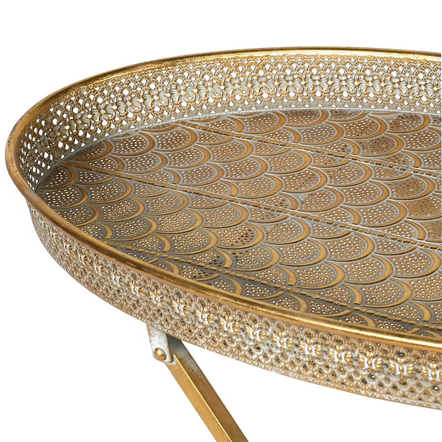 Oval filigree tray table, luxury folding side table, stylish distressed oxidized legs, best-selling display table for home decor by Ella James at brixbailey.com