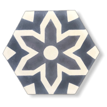 Luxury grey hex cement floor tiles, premium Fleur mosaic-inspired design for bathroom and kitchen walls and floors, best-selling handcrafted tiles by Maria Starling Design at brixbailey.com