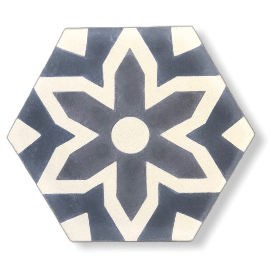 Luxury grey hex cement floor tiles, premium Fleur mosaic-inspired design for bathroom and kitchen walls and floors, best-selling handcrafted tiles by Maria Starling Design at brixbailey.com