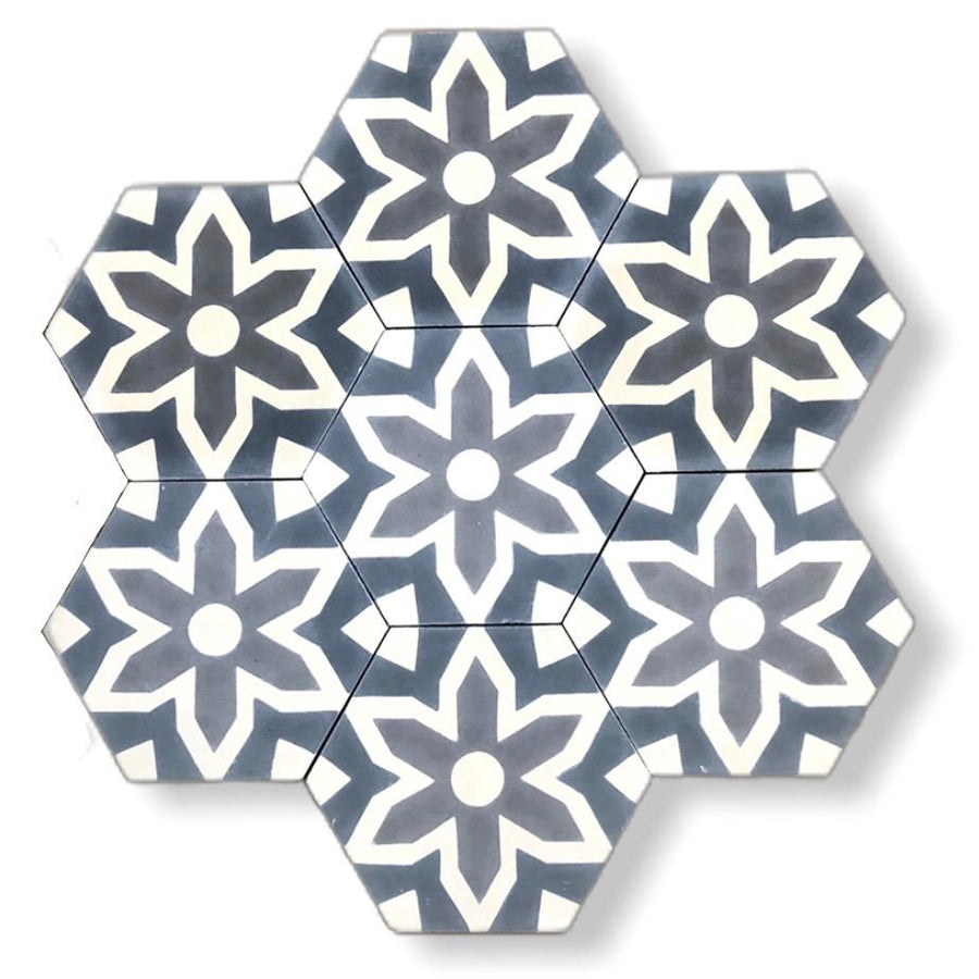 Luxury black and white hex cement tiles, premium fleur pattern, stylish bathroom and kitchen floor and wall tiles, handcrafted, needs sealing by Maria Starling Design at brixbailey.com