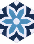 Premium blue and white hex cement floor tiles, stylish Fleur mosaic design for bathroom and kitchen walls, luxury handcrafted tiles by Maria Starling Design at brixbailey.com