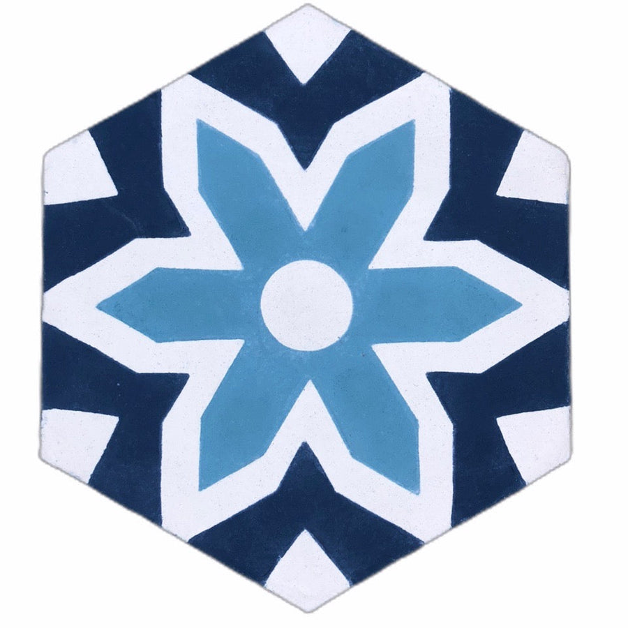 Premium blue and white hex cement floor tiles, stylish Fleur mosaic design for bathroom and kitchen walls, luxury handcrafted tiles by Maria Starling Design at brixbailey.com