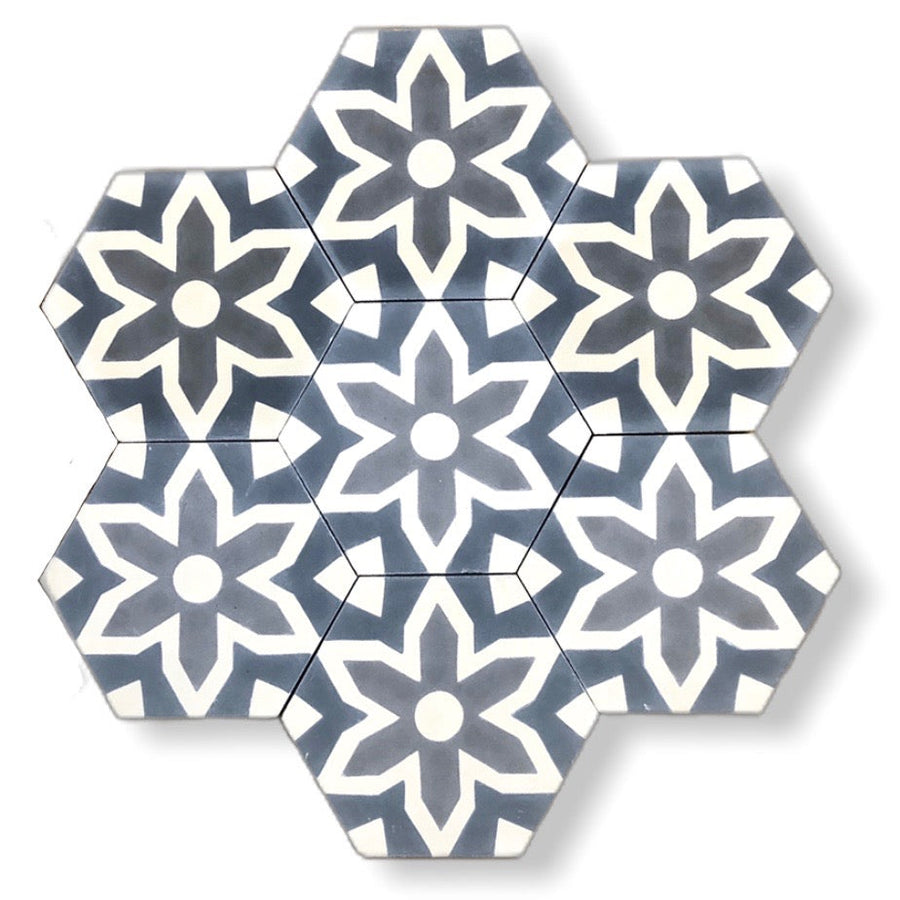 Luxury grey hex cement floor tiles, premium Fleur mosaic-inspired design for bathroom and kitchen walls and floors, best-selling stylish tiles by Maria Starling Design at brixbailey.com