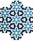 Luxury blue and white hex cement floor tiles, stylish Fleur mosaic design for bathroom and kitchen walls by Maria Starling Design at brixbailey.com