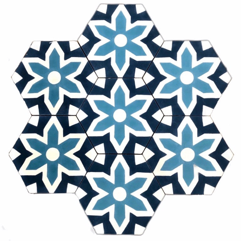 Luxury blue and white hex cement floor tiles, stylish Fleur mosaic design for bathroom and kitchen walls by Maria Starling Design at brixbailey.com