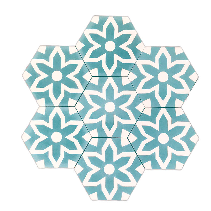Luxury black and white hex cement tiles, premium fleur mosaic pattern for kitchen and bathroom floors and walls by Maria Starling Design at brixbailey.com