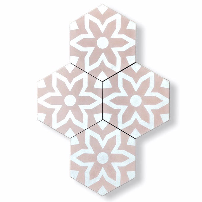 Premium pink hex cement floor tiles, stylish Fleur mosaic-inspired design for bathroom and kitchen walls by Maria Starling Design at brixbailey.com