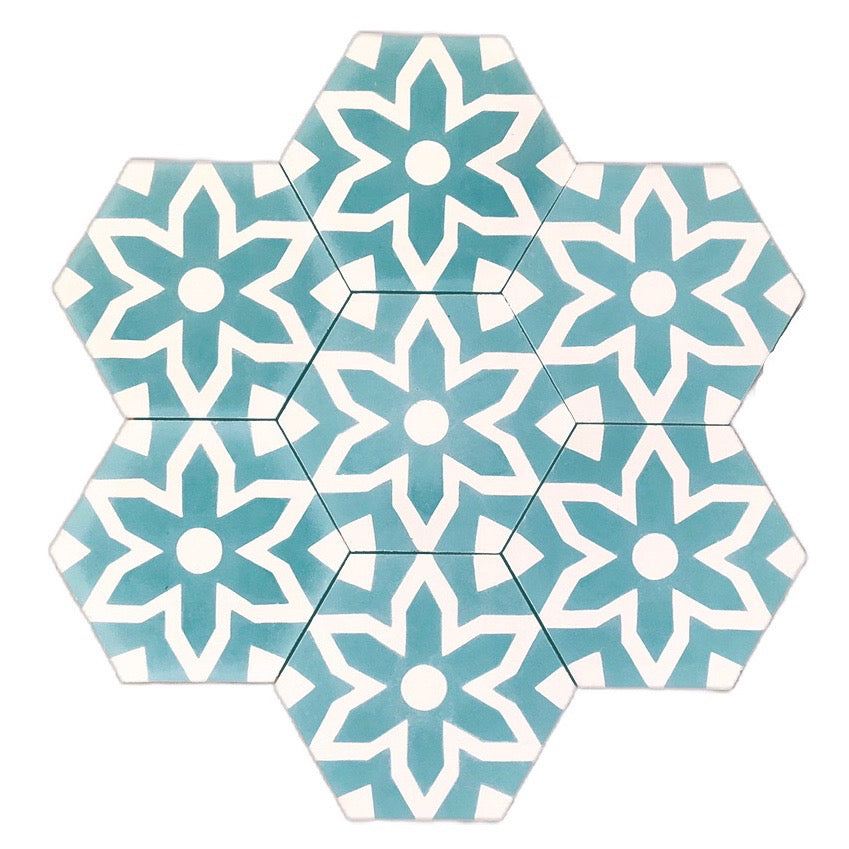 Luxury teal Fleur cement floor tiles, premium handcrafted mosaic-inspired bathroom and kitchen wall and floor tiles by Maria Starling Design at brixbailey.com